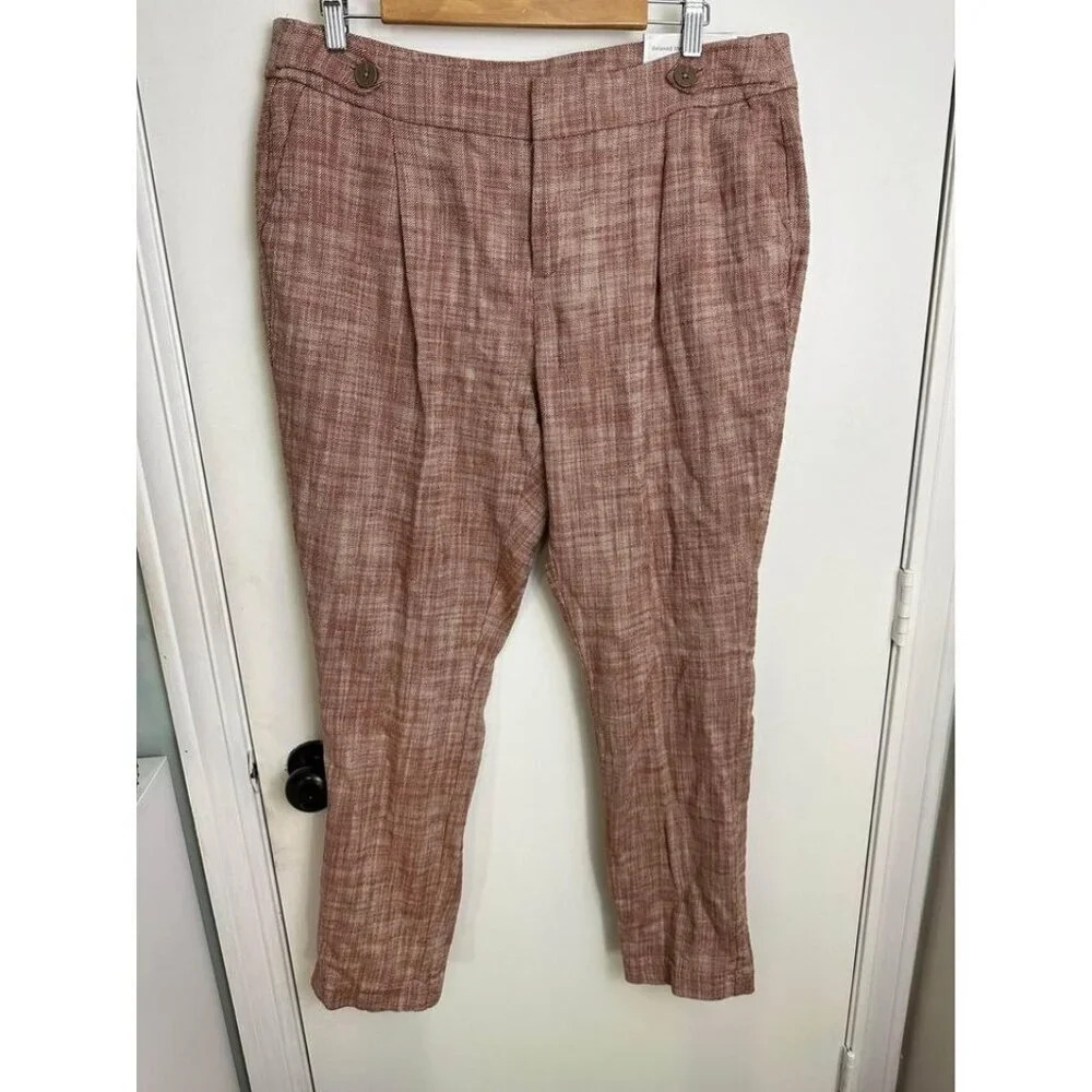 CJ Banks Linen Blend Pants – Rust Plaid, High Waist, Size 14W #0359